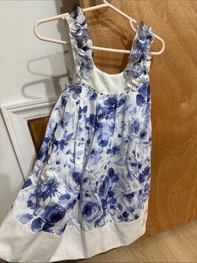 Girls White & Blue Floral Ruffle Strap Party Dress